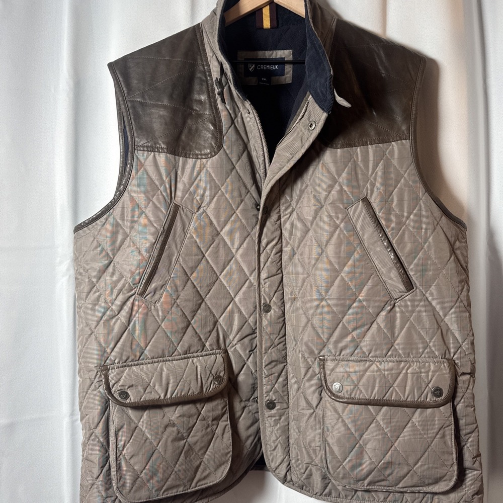 Men's Cremieux Quilted Vest Faux Suede Brown Shoulder Patches Full Zip XXL